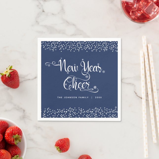 Navy New Year Cheer Modern White Snowflake Name Napkin (Insitu)