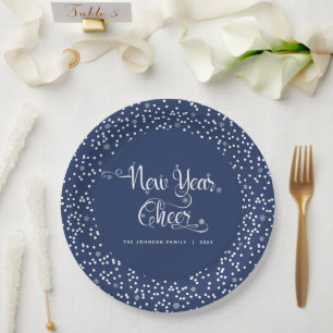 Navy New Year Cheer White Snowflake Script Elegant Paper Plate
