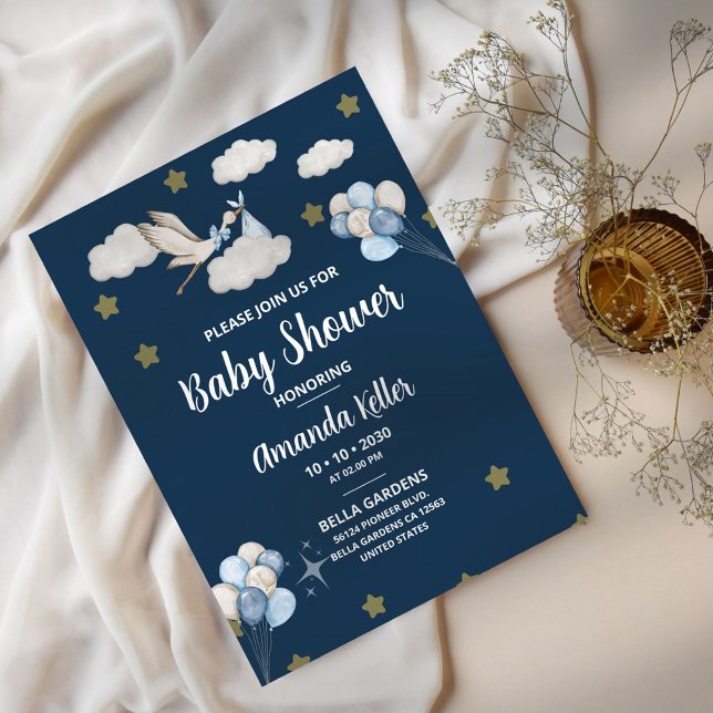 Navy Night Sky Stork Baby Shower Invitation (Creator Uploaded)