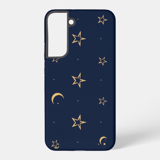 Navy Night Sky with Stars and Moon Pattern Samsung Galaxy S22+ Case (Back)