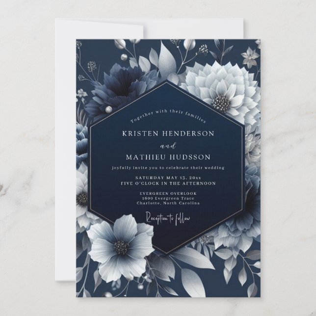 Navy Nocturnal Bloom Wedding Invitation (Front)