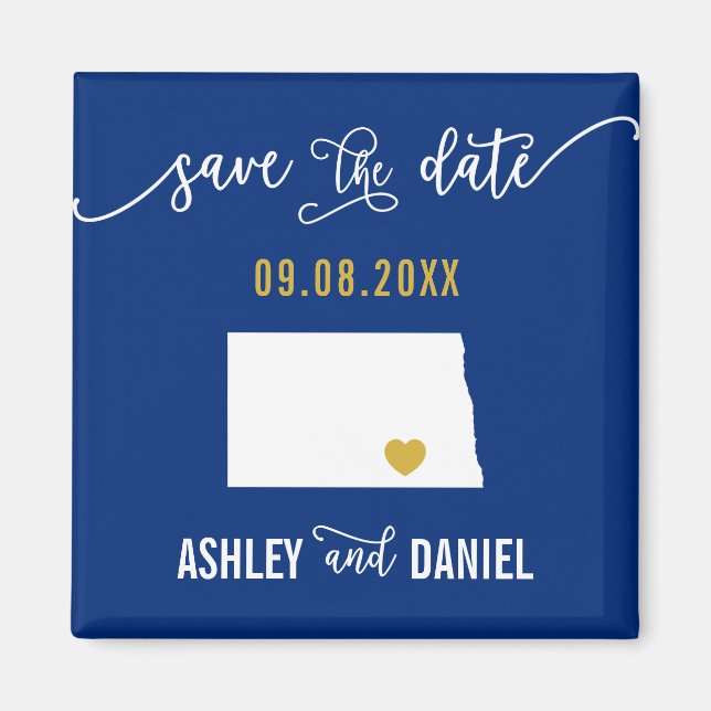 Navy North Dakota Wedding Save the Date Map Magnet (Front)