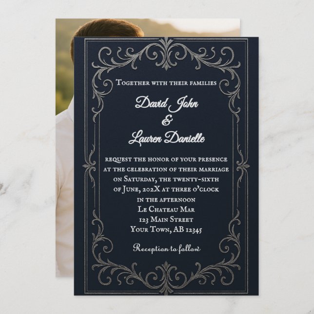 Navy Nuptial Photo Wedding Invitation (Front/Back)