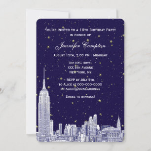 Navy NYC Skyline Etch Starry DIY BG Sweet 16 #2 Rn Invitation