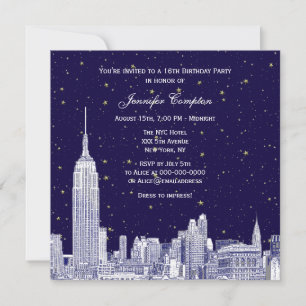 Navy NYC Skyline Etch Starry DIY BG Sweet 16 SQ #2 Invitation