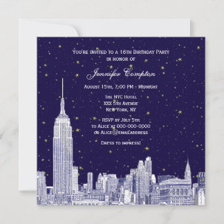 Navy NYC Skyline Etch Starry DIY BG Sweet 16 SQ #2 Invitation