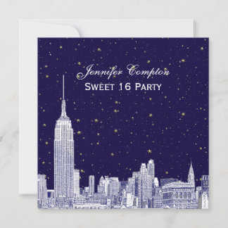 Navy NYC Skyline Etch Starry DIY BG Sweet 16 SQ In Invitation