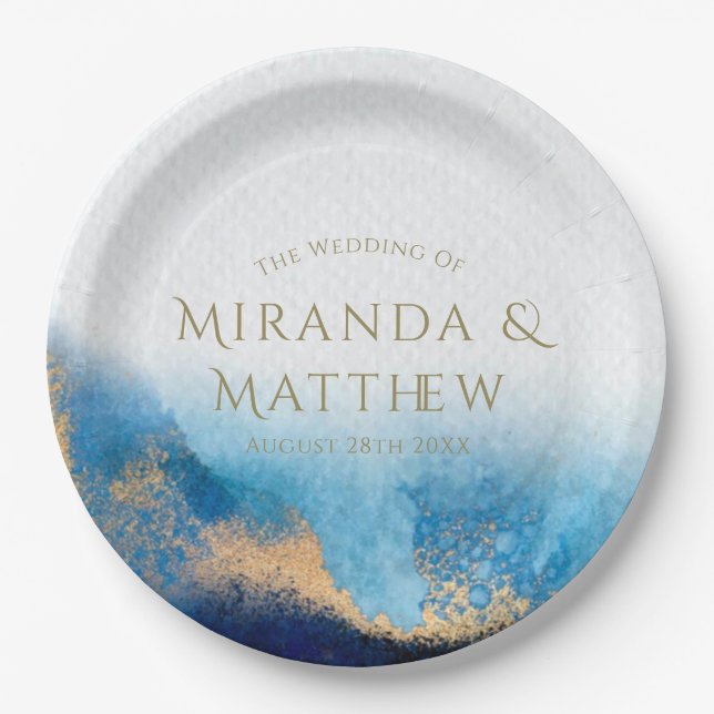 Navy Ocean Blue Gold Glitter Agate Wedding Paper Plate (Front)