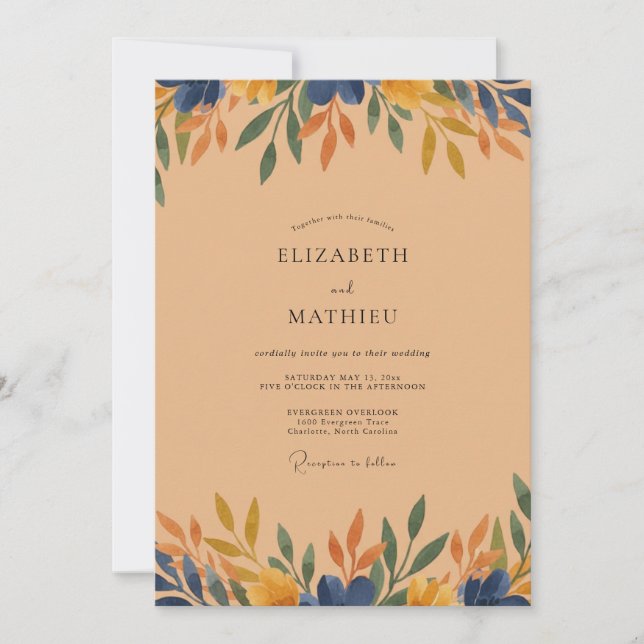 Navy Ochre Foliage Eucalyptus Wedding Invitation (Front)