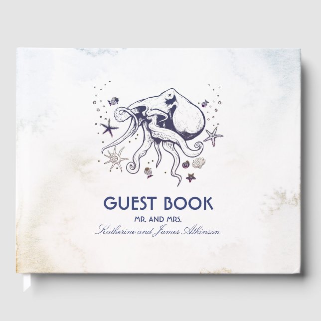 Navy Octopus Beach Watercolors Nautical Wedding Guest Book (Front)