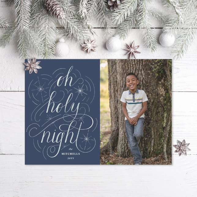 Navy Oh Holy Night Hand Lettering Christmas Photo Holiday Card (Creator Uploaded)