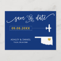 Navy Oklahoma Wedding Save the Date Map Postcard