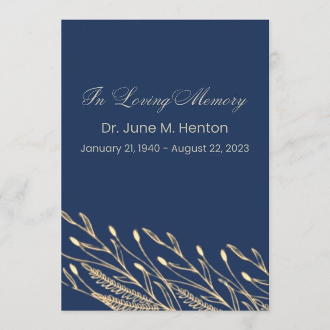 Navy Olive Leaf 2 Funeral Memorial Program Programme (Front)