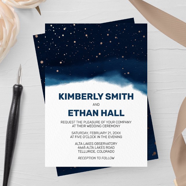 Navy Ombre Sky with Bronze Stars Wedding Invitation (Creator Uploaded)