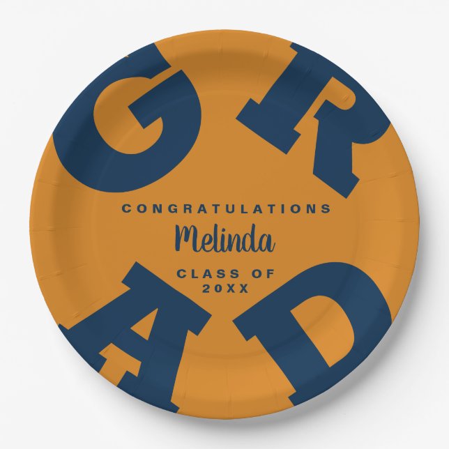 Navy on Orange Custom Graduation Paper Plate (Front)