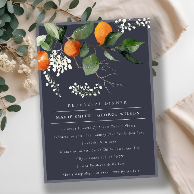 Navy Orange Blossom Fauna Rehearsal Dinner Invite (Creator Uploaded)