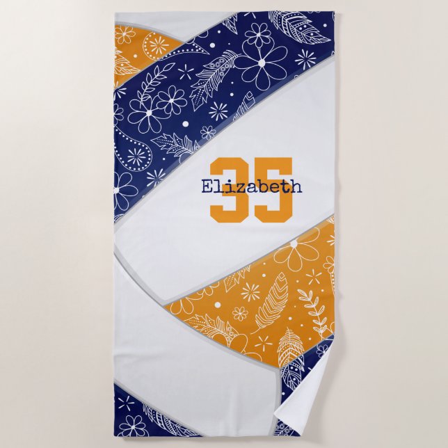 navy orange boho artsy floral feathers volleyball beach towel (Front)
