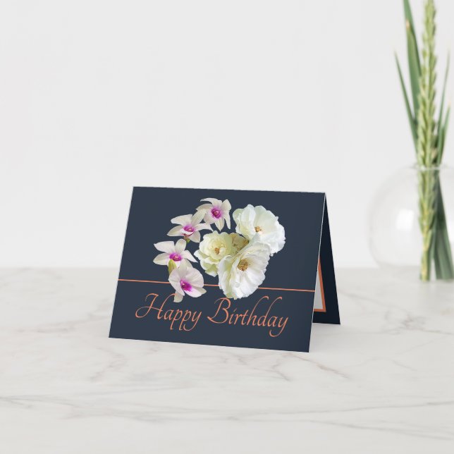 Navy Orange Bouquet White Roses & Orchids Birthday Card (Front)