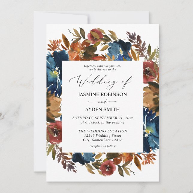 Navy, Orange, & Brown Fall Floral Wedding Invitation (Front)