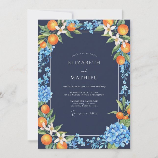 Navy Orange Citrus Eucalyptus Wedding Invitation (Front)