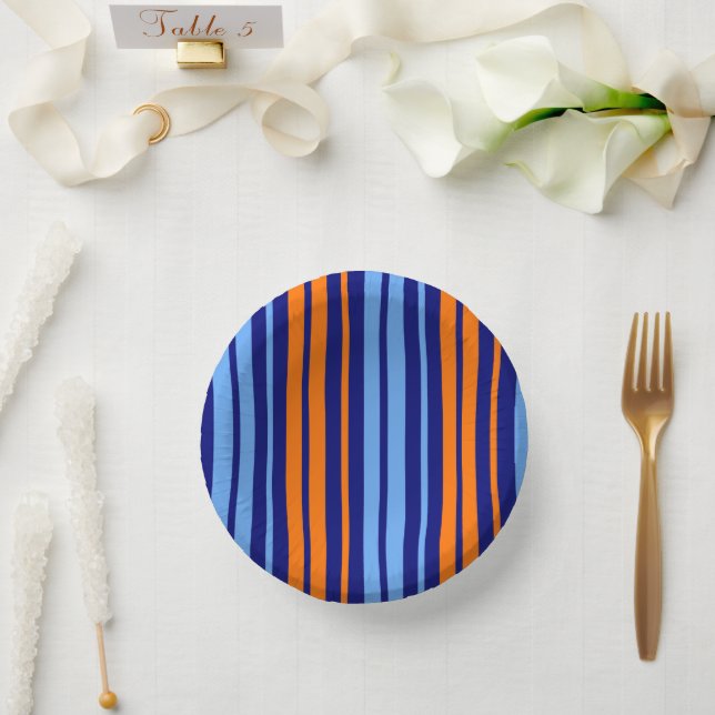 Navy Orange Cyan Vertical Stripes Design   Paper Plate (Wedding)