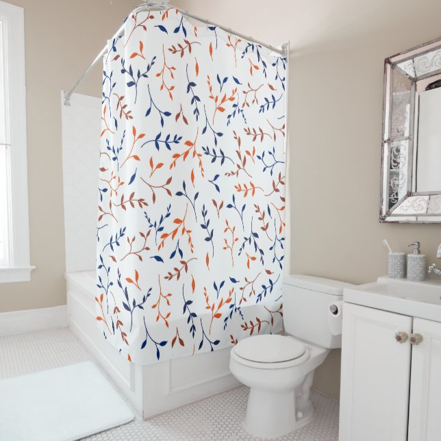 Navy Orange Ditsy Botanical Leaf Pattern Shower Curtain (In Situ)