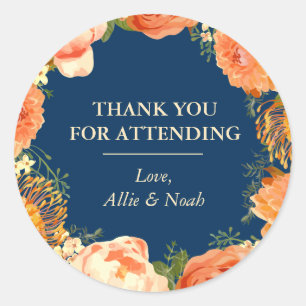 Navy & Orange Floral Thank You Classic Round Sticker
