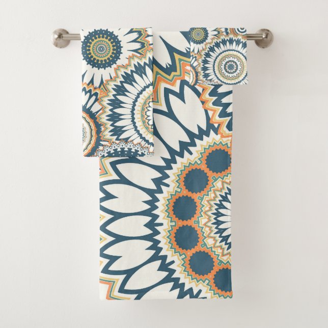 Navy Orange Multi-Mandala Design Bath Towel Set (Insitu)