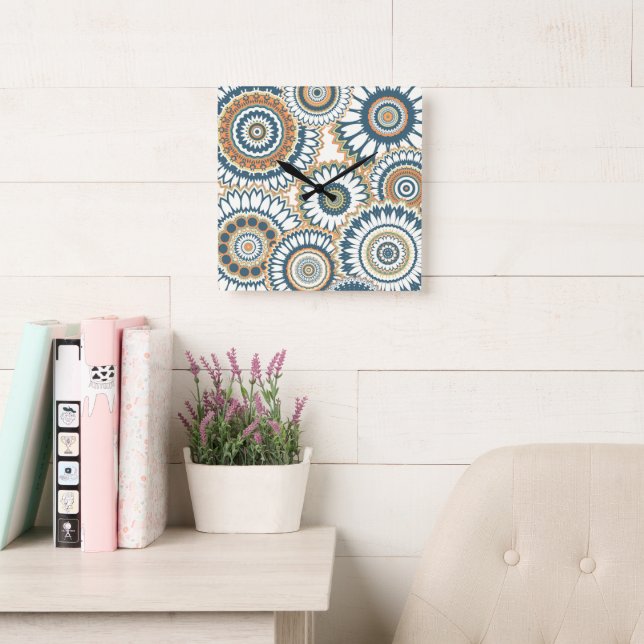 Navy Orange Multi-Mandala Design Square Wall Clock (Reading Room)