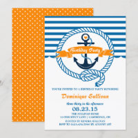 Navy & Orange Nautical Birthday Party Invitation