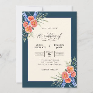 Navy Orange Ranunculus Eucalyptus Wedding Invitation
