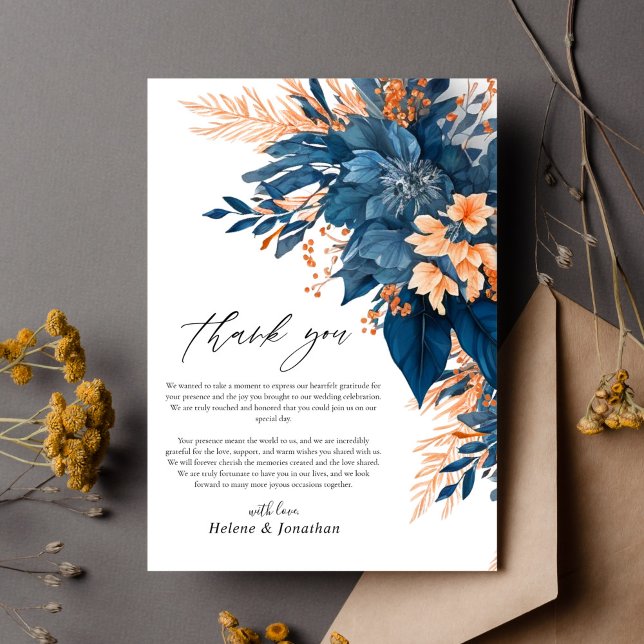 Navy Orange Rust Floral Elegant Wedding Thank You Card (Navy Orange Rust Floral Elegant Wedding Thank You Card)