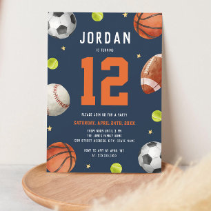 Navy Orange Sports Birthday Party Invitation