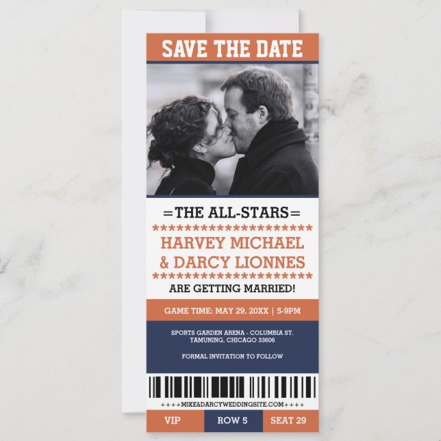 Navy & Orange Sports Ticket Save the Date (Front)
