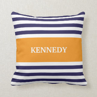 Navy Orange Stripes Monogram Cushion