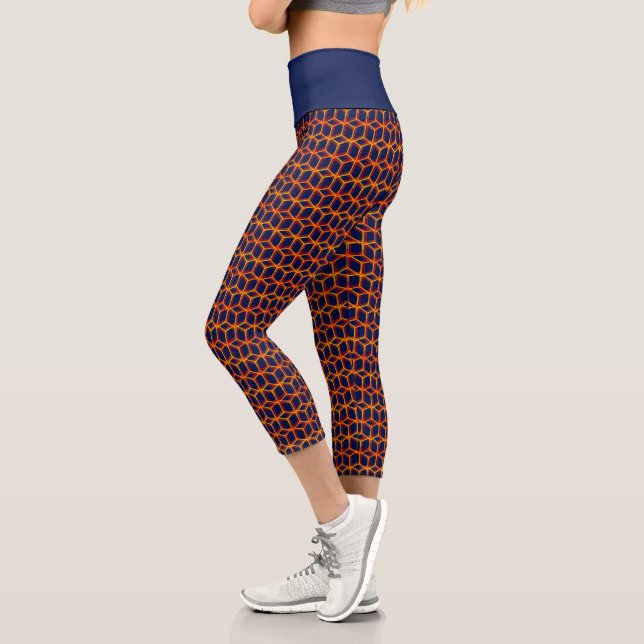 Navy & Orange Trippy Cubes Pattern Geometric Cool Capri Leggings (Left)