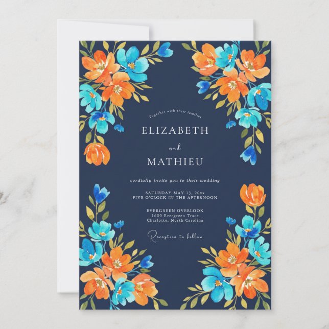Navy Orange Wildflower Wedding Invitation (Front)