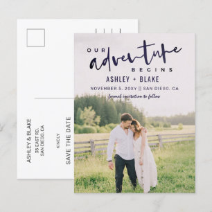 Navy Our Adventure Begins Photo Save the Date Announcement Postcard