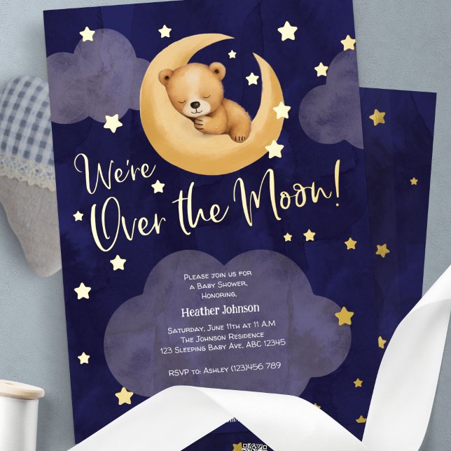 Navy Over the Moon Teddy Bear Twinkle Little Stars (Over the moon, Teddy Bear Themed Baby Boy shower Gold Foil Invitation.)