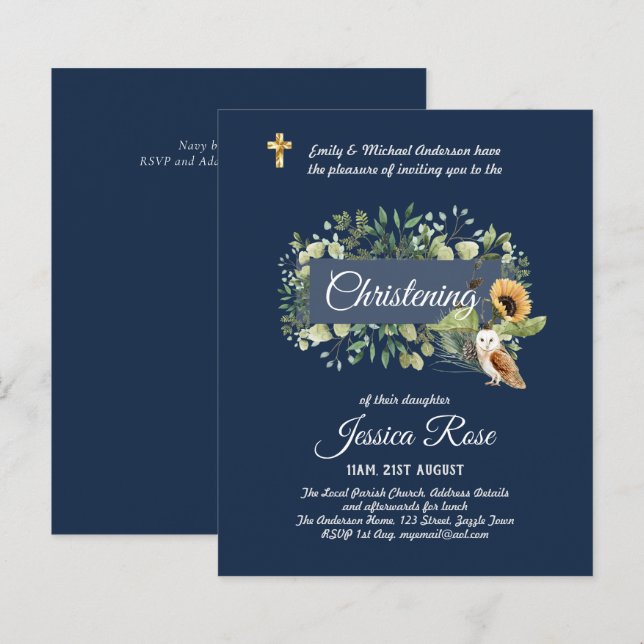Navy Owl Sunflowers Christening Invites Baptism  (Front/Back)