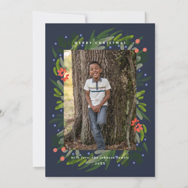Navy Painted Greenery Frame Photo Holiday Card (Front)