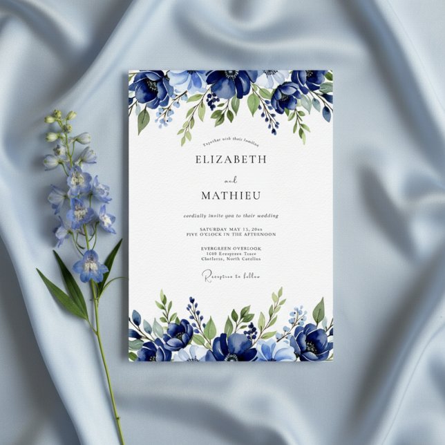 Navy Painterly Blossom Wedding Invitation (Creator Uploaded)
