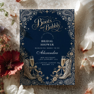 Navy Paisley Boots and Bubbly Bridal Shower Invitation