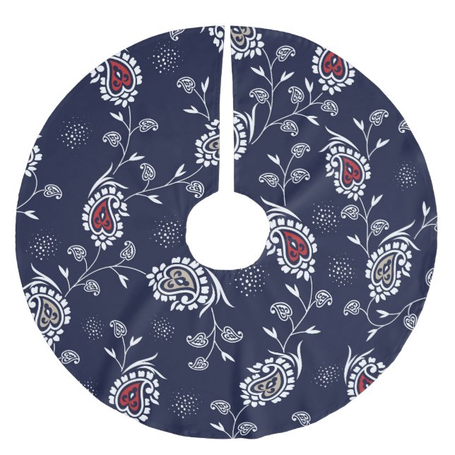 Navy Paisley: Elegant Pattern Design. Brushed Polyester Tree Skirt (Front)