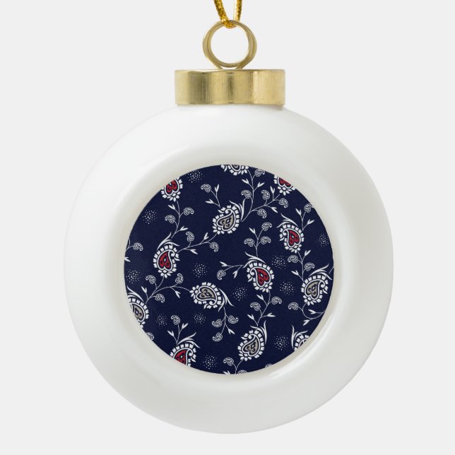 Navy Paisley: Elegant Pattern Design. Ceramic Ball Christmas Ornament (Front)