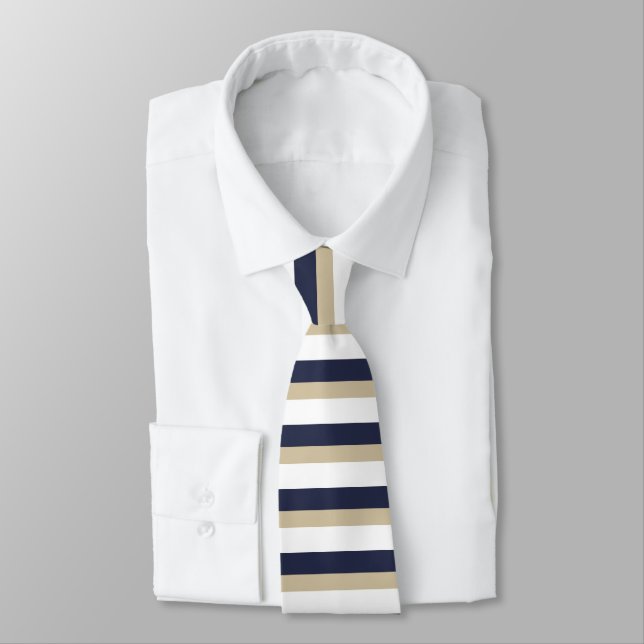 Navy Pale Gold and White Horizontally-Striped Tie (Tied)