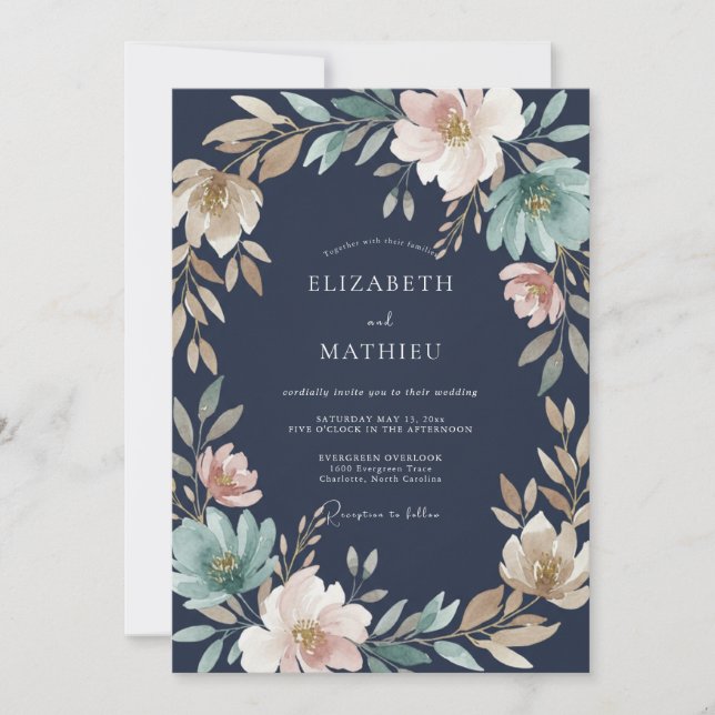 Navy Pale Pink Wreath Wedding Invitation (Front)