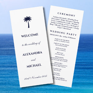 Navy Palm Tree Minimalist Coastal Wedding Programme