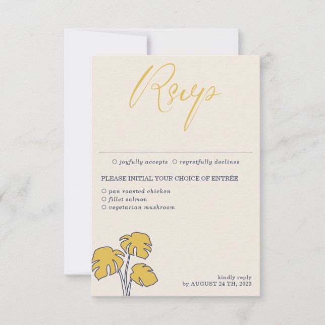 Navy palm tree Tropical Calligraphy Meal RSVP Card (Front)