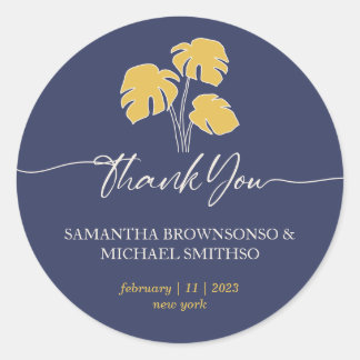 Navy Palm Tropical Floral Script Botanic Thank you Classic Round Sticker